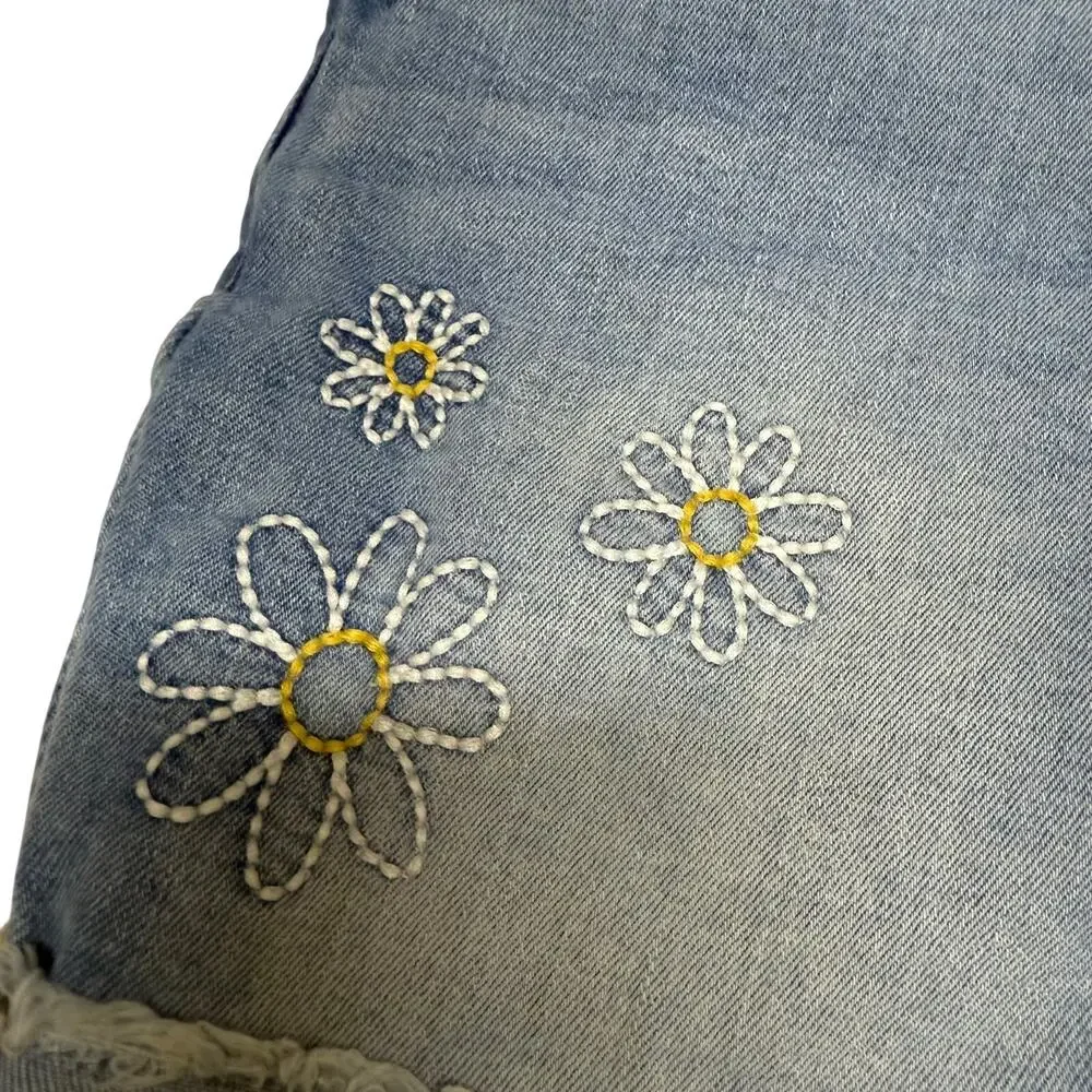 SO‎ Girls Denim Shorts Sz 14 Embroidered Daisies Daisy Light Wash Raw Hem